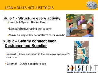 Rule 1 - Structure every activity
Lean Is A System Not An Event
Standardize everything that is done
Make it a way of life not a “flavor of the month”
Rule 2 – Clearly connect each
Customer and Supplier
 Internal – Each operation is the previous operation’s
customer
 External – Outside supplier base
LEAN = RULES NOT JUST TOOLS
 