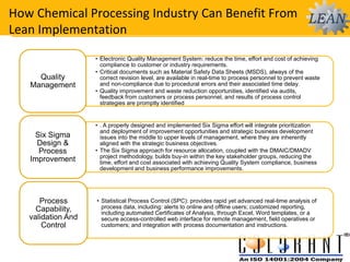 How Chemical Processing Industry Can Benefit From
Lean Implementation
• Electronic Quality Management System: reduce the time, effort and cost of achieving
compliance to customer or industry requirements.
• Critical documents such as Material Safety Data Sheets (MSDS), always of the
correct revision level, are available in real-time to process personnel to prevent waste
and non-compliance due to procedural errors and their associated time delay.
• Quality improvement and waste reduction opportunities, identified via audits,
feedback from customers or process personnel, and results of process control
strategies are promptly identified
Quality
Management
• . A properly designed and implemented Six Sigma effort will integrate prioritization
and deployment of improvement opportunities and strategic business development
issues into the middle to upper levels of management, where they are inherently
aligned with the strategic business objectives.
• The Six Sigma approach for resource allocation, coupled with the DMAIC/DMADV
project methodology, builds buy-in within the key stakeholder groups, reducing the
time, effort and cost associated with achieving Quality System compliance, business
development and business performance improvements.
Six Sigma
Design &
Process
Improvement
• Statistical Process Control (SPC): provides rapid yet advanced real-time analysis of
process data, including: alerts to online and offline users; customized reporting,
including automated Certificates of Analysis, through Excel, Word templates, or a
secure access-controlled web interface for remote management, field operatives or
customers; and integration with process documentation and instructions.
Process
Capability,
validation And
Control
 