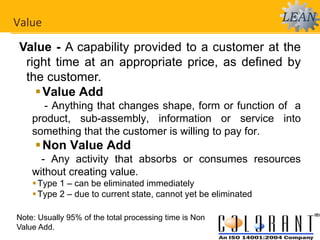 Value
Value - A capability provided to a customer at the
right time at an appropriate price, as defined by
the customer.
Value Add
- Anything that changes shape, form or function of a
product, sub-assembly, information or service into
something that the customer is willing to pay for.
Non Value Add
- Any activity that absorbs or consumes resources
without creating value.
Type 1 – can be eliminated immediately
Type 2 – due to current state, cannot yet be eliminated
Note: Usually 95% of the total processing time is Non
Value Add.
 