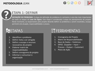METODOLOGIA LEAN




?      ETAPA 1: DEFINIR
       DEFINIÇÃO DO PROBLEMA: A etapa de definição do problema é a primeira e uma das mais importantes
       de todas as etapas do Lean Six Sigma. Esta etapa é considerada a etapa de planejamento do projeto.
       Neste momento, os responsáveis pelo projeto deverão definir os problemas a serem resolvidos, escopo,
       perímetro de atuação, responsabilidades e prazos.




    1. Identificar o problema                                        1. Cronograma de Projeto
    2. Definir meta a ser atingida                                   2. Matriz de Responsabilidades
    3. Definir o escopo e recursos                                   3. Base de Dados – históricos
       necessários do projeto                                        4. SIPOC (Supplier – Input –
    4. Elaborar matriz de                                               Process – Output – Customer)
       responsabilidades                                             5. Plano de Ação
    5. Definir cronograma do projeto
    6. Informar e comunicar à
       organização




                                www.managementplus.com.br |   contato.managementplus@gmail.com
 