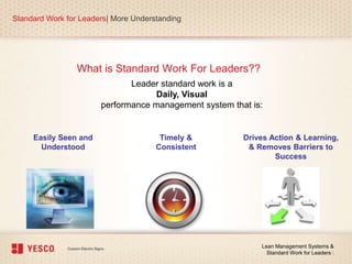 What is Standard Work For Leaders??
Standard Work for Leaders| More Understanding
Lean Management Systems &
Standard Work for Leaders |
Leader standard work is a
Daily, Visual
performance management system that is:
Easily Seen and
Understood
Timely &
Consistent
Drives Action & Learning,
& Removes Barriers to
Success
 