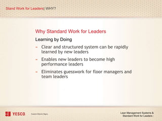 Why Standard Work for Leaders
Stand Work for Leaders| WHY?
Lean Management Systems &
Standard Work for Leaders |
Learning by Doing
» Clear and structured system can be rapidly
learned by new leaders
» Enables new leaders to become high
performance leaders
» Eliminates guesswork for floor managers and
team leaders
 