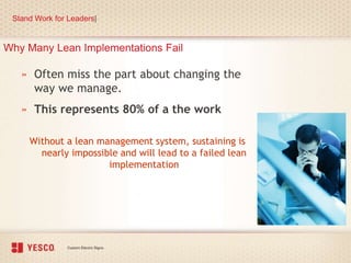 Why Many Lean Implementations Fail
» Often miss the part about changing the
way we manage.
» This represents 80% of a the work
Without a lean management system, sustaining is
nearly impossible and will lead to a failed lean
implementation
Stand Work for Leaders|
 