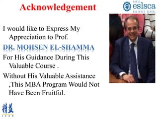 Acknowledgement
I would like to Express My
Appreciation to Prof.
For His Guidance During This
Valuable Course .
Without His Valuable Assistance
,This MBA Program Would Not
Have Been Fruitful.
 