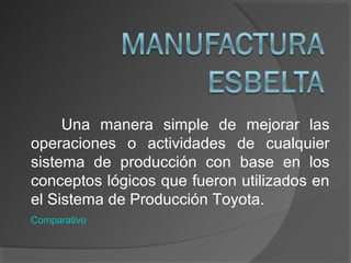 Una manera simple de mejorar las
operaciones o actividades de cualquier
sistema de producción con base en los
conceptos lógicos que fueron utilizados en
el Sistema de Producción Toyota.
Comparativo
 