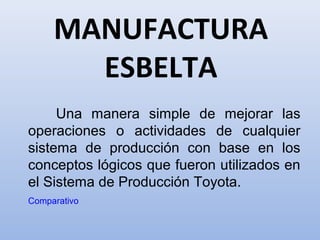 MANUFACTURA
ESBELTA
Una manera simple de mejorar las
operaciones o actividades de cualquier
sistema de producción con base en los
conceptos lógicos que fueron utilizados en
el Sistema de Producción Toyota.
Comparativo
 