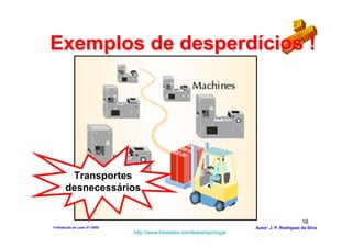 Exemplos de desperdícios !




        Transportes
       desnecessários


                                                                                              16
1-Intodução ao Lean V1-2008                                            Autor: J. P. Rodrigues da Silva
                              http://www.freewebs.com/leanemportugal
 