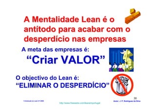 A Mentalidade Lean é o
  antítodo para acabar com o
  desperdício nas empresas
  A meta das empresas é:

     “Criar VALOR”
O objectivo do Lean é:
“ELIMINAR O DESPERDÍCIO”
                                                                                                30
  1-Intodução ao Lean V1-2008                                            Autor: J. P. Rodrigues da Silva
                                http://www.freewebs.com/leanemportugal
 