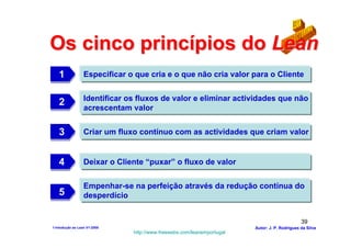 Os cinco princípios do Lean
   1
   1              Especificar o que cria e o que não cria valor para o Cliente


                  Identificar os fluxos de valor e eliminar actividades que não
   2
   2              acrescentam valor


   3
   3              Criar um fluxo contínuo com as actividades que criam valor


   4
   4              Deixar o Cliente “puxar” o fluxo de valor


                  Empenhar-se na perfeição através da redução contínua do
   5
   5              desperdício


                                                                                               39
1-Intodução ao Lean V1-2008                                             Autor: J. P. Rodrigues da Silva
                               http://www.freewebs.com/leanemportugal
 