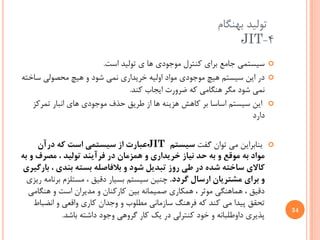 ‫ﺗﻮﻟﻴﺪ ﺑﻬﻨﮕﺎﻡ‬
                                                                ‫4-‪JIT‬‬
                        ‫ﺳﻴﺴﺘﻤﻲ ﺟﺎﻣﻊ ﺑﺮﺍﻱ ﻛﻨﺘﺮﻝ ﻣﻮﺟﻮﺩﻱ ﻫﺎ ﻱ ﺗﻮﻟﻴﺪ ﺍﺳﺖ.‬        ‫‪‬‬

‫ﺩﺭ ﺍﻳﻦ ﺳﻴﺴﺘﻢ ﻫﻴﭻ ﻣﻮﺟﻮﺩﻱ ﻣﻮﺍﺩ ﺍﻭﻟﻴﻪ ﺧﺮﻳﺪﺍﺭﻱ ﻧﻤﻲ ﺷﻮﺩ ﻭ ﻫﻴﭻ ﻣﺤﺼﻮﻟﻲ ﺳﺎﺧﺘﻪ‬        ‫‪‬‬
                                ‫ﻧﻤﻲ ﺷﻮﺩ ﻣﮕﺮ ﻫﻨﮕﺎﻣﻲ ﻛﻪ ﺿﺮﻭﺭﺕ ﺍﻳﺠﺎﺏ ﻛﻨﺪ.‬
   ‫ﺍﻳﻦ ﺳﻴﺴﺘﻢ ﺍﺳﺎﺳﺎ ﺑﺮ ﻛﺎﻫﺶ ﻫﺰﻳﻨﻪ ﻫﺎ ﺍﺯ ﻃﺮﻳﻖ ﺣﺬﻑ ﻣﻮﺟﻮﺩﻱ ﻫﺎﻱ ﺍﻧﺒﺎﺭ ﺗﻤﺮﻛﺰ‬       ‫‪‬‬
                                                                   ‫ﺩﺍﺭﺩ‬

     ‫ﺑﻨﺎﺑﺮﺍﻳﻦ ﻣﻲ ﺗﻮﺍﻥ ﮔﻔﺖ ﺳﻴﺴﺘﻢ ‪JIT‬ﻋﺒﺎﺭﺕ ﺍﺯ ﺳﻴﺴﺘﻤﻲ ﺍﺳﺖ ﻛﻪ ﺩﺭﺁﻥ‬               ‫‪‬‬
‫ﻣﻮﺍﺩ ﺑﻪ ﻣﻮﻗﻊ ﻭ ﺑﻪ ﺣﺪ ﻧﻴﺎﺯ ﺧﺮﻳﺪﺍﺭﻱ ﻭ ﻫﻤﺰﻣﺎﻥ ﺩﺭ ﻓﺮﺁﻳﻨﺪ ﺗﻮﻟﻴﺪ ، ﻣﺼﺮﻑ ﻭ ﺑﻪ‬
‫ﻛﺎﻻﻱ ﺳﺎﺧﺘﻪ ﺷﺪﻩ ﺩﺭ ﻃﻲ ﺭﻭﺯ ﺗﺒﺪﻳﻞ ﺷﻮﺩ ﻭ ﺑﻼﻓﺎﺻﻠﻪ ﺑﺴﺘﻪ ﺑﻨﺪﻱ ، ﺑﺎﺭﮔﻴﺮﻱ‬
 ‫ﻭ ﺑﺮﺍﻱ ﻣﺸﺘﺮﻳﺎﻥ ﺍﺭﺳﺎﻝ ﮔﺮﺩﺩ. ﭼﻨﻴﻦ ﺳﻴﺴﺘﻢ ﺑﺴﻴﺎﺭ ﺩﻗﻴﻖ ، ﻣﺴﺘﻠﺰﻡ ﺑﺮﻧﺎﻣﻪ ﺭﻳﺰﻱ‬
  ‫ﺩﻗﻴﻖ ، ﻫﻤﺎﻫﻨﮕﻲ ﻣﻮﺛﺮ ، ﻫﻤﻜﺎﺭﻱ ﺻﻤﻴﻤﺎﻧﻪ ﺑﻴﻦ ﻛﺎﺭﻛﻨﺎﻥ ﻭ ﻣﺪﻳﺮﺍﻥ ﺍﺳﺖ ﻭ ﻫﻨﮕﺎﻣﻲ‬
    ‫ﺗﺤﻘﻖ ﭘﻴﺪﺍ ﻣﻲ ﻛﻨﺪ ﻛﻪ ﻓﺮﻫﻨﮓ ﺳﺎﺯﻣﺎﻧﻲ ﻣﻄﻠﻮﺏ ﻭ ﻭﺟﺪﺍﻥ ﻛﺎﺭﻱ ﻭﺍﻗﻌﻲ ﻭ ﺍﻧﻀﺒﺎﻁ‬
                                                                                 ‫43‬
             ‫ﭘﺬﻳﺮﻱ ﺩﺍﻭﻃﻠﺒﺎﻧﻪ ﻭ ﺧﻮﺩ ﻛﻨﺘﺮﻟﻲ ﺩﺭ ﻳﻚ ﻛﺎﺭ ﮔﺮﻭﻫﻲ ﻭﺟﻮﺩ ﺩﺍﺷﺘﻪ ﺑﺎﺷﺪ.‬
 