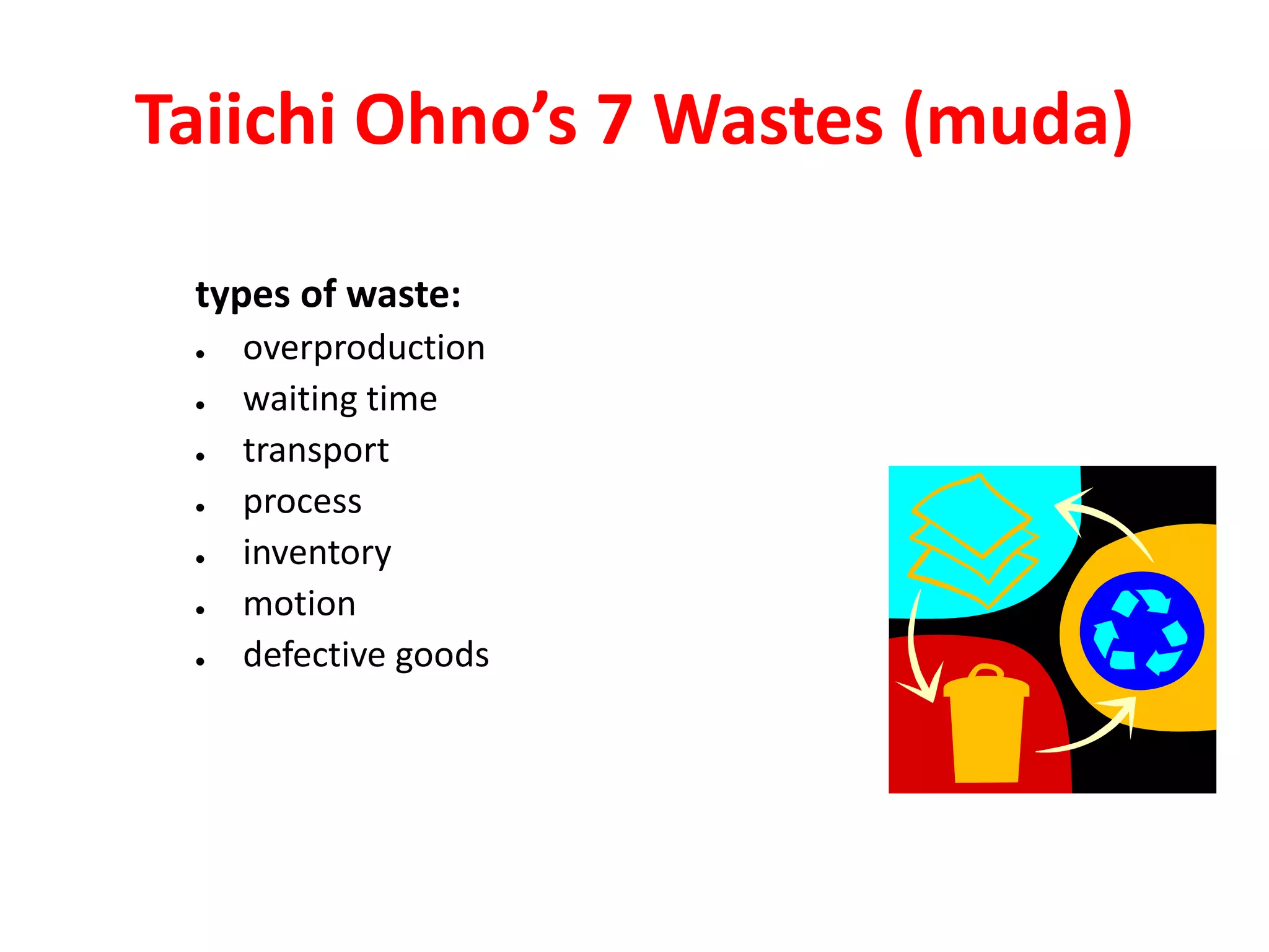 Taiichi Ohno’s 7 Wastes (muda)

 types of waste:
    overproduction
    waiting time
    transport
    process
    inventory
    motion
    defective goods
 