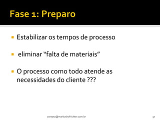   Estabilizar os tempos de processo

   eliminar “falta de materiais”

   O processo como todo atende as
    necessidades do cliente ???



              contato@markushofrichter.com.br   37
 
