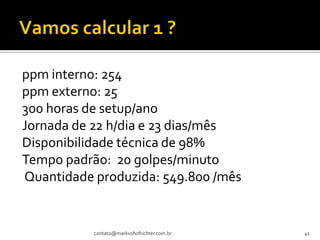 ppm interno: 254
ppm externo: 25
300 horas de setup/ano
Jornada de 22 h/dia e 23 dias/mês
Disponibilidade técnica de 98%
Tempo padrão: 20 golpes/minuto
Quantidade produzida: 549.800 /mês


           contato@markushofrichter.com.br   41
 