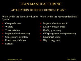 Page 12 of 21Presented by: Sh VRM
Waste within the Toyota Production
System
Waste within the Petrochemical Plant
Overproduction
Waiting
Transportation
Inappropriate Processing
Unnecessary Inventory
Unnecessary Motion
Defects
Inappropriate feed stock
Lost by-product credit
Quality give away
Off spec generation/reprocessing
Equipment idling
High energy cost
LEAN MANUFACTURING
APPLICATION TO PETROCHEMICAL PLANT
 