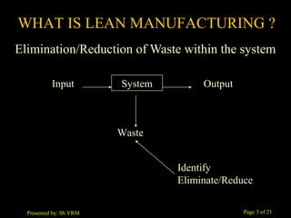 Page 3 of 21Presented by: Sh VRM
Elimination/Reduction of Waste within the system
WHAT IS LEAN MANUFACTURING ?
Identify
Eliminate/Reduce
Input OutputSystem
Waste
 