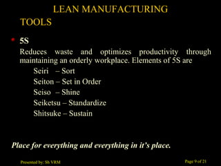 Page 9 of 21Presented by: Sh VRM
5S
Reduces waste and optimizes productivity through
maintaining an orderly workplace. Elements of 5S are
Seiri – Sort
Seiton – Set in Order
Seiso – Shine
Seiketsu – Standardize
Shitsuke – Sustain
Place for everything and everything in it’s place.
LEAN MANUFACTURING
TOOLS
 