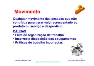 Movimento
Qualquer movimento das pessoas que não
contribua para gerar valor acrescentado ao
produto ou serviço é desperdício.
CAUSAS
• Falta de organização de trabalho
• Incorrecta disposição dos equipamentos
• Práticas de trabalho incorrectas



                                                                                                        10
 2-Os 7 tipos de desperdícios V1-2008                                            Autor: J. P. Rodrigues da Silva
                                        http://www.freewebs.com/leanemportugal
 