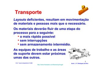 Transporte
Layouts deficientes, resultam em movimentação
de materiais e pessoas mais que o necessário.
Os materiais deverão fluir de uma etapa do
processo para a seguinte:
  • o mais rápido possível
  • sem interrupções
  • sem armazenamento intermédio.
As equipas de trabalho e as áreas
de suporte devem estar próximas
umas das outras.
                                                                                                          7
 2-Os 7 tipos de desperdícios V1-2008                                            Autor: J. P. Rodrigues da Silva
                                        http://www.freewebs.com/leanemportugal
 
