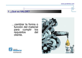 …cambiar la forma o
función del material
para cumplir los
requisitos del
cliente.
www.prodintec.com
1. ¿Qué es VALOR?
 