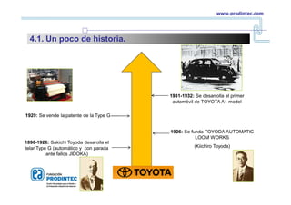 www.prodintec.com
4.1. Un poco de historia.
1926: Se funda TOYODA AUTOMATIC
LOOM WORKS
(Kiichiro Toyoda)
1890-1926: Sakichi Toyoda desarolla el
telar Type G (automático y con parada
ante fallos JIDOKA)
1929: Se vende la patente de la Type G
1931-1932: Se desarrolla el primer
automóvil de TOYOTA A1 model
 