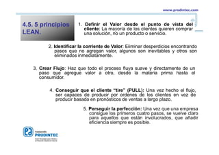 Creación de valor
Eliminación muda
Flujo continuo
Velocidad del cliente + PULL
Mejora continua, perfección
1. Definir el Valor desde el punto de vista del
cliente: La mayoría de los clientes quieren comprar
una solución, no un producto o servicio.
2. Identificar la corriente de Valor: Eliminar desperdicios encontrando
pasos que no agregan valor, algunos son inevitables y otros son
eliminados inmediatamente.
3. Crear Flujo: Haz que todo el proceso fluya suave y directamente de un
paso que agregue valor a otro, desde la materia prima hasta el
consumidor.
4. Conseguir que el cliente “tire” (PULL): Una vez hecho el flujo,
ser capaces de producir por ordenes de los clientes en vez de
producir basado en pronósticos de ventas a largo plazo.
5. Perseguir la perfección: Una vez que una empresa
consigue los primeros cuatro pasos, se vuelve claro
para aquellos que están involucrados, que añadir
eficiencia siempre es posible.
4.5. 5 principios
LEAN.
www.prodintec.com
 