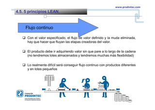 Flujo continuo
 Con el valor especificado, el flujo de valor definido y la muda eliminada,
hay que hacer que fluyan las etapas creadoras del valor.
 El producto debe ir adquiriendo valor sin que pare a lo largo de la cadena
(no tendremos lotes almacenados y tendremos muchas más flexibilidad)
 Lo realmente difícil será conseguir flujo continuo con productos diferentes
y en lotes pequeños
4.5. 5 principios LEAN.
www.prodintec.com
 
