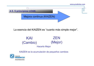 La esencia del KAIZEN es “cuanto más simple mejor”.
KAI
(Cambio)
ZEN
(Mejor)
Hacerlo Mejor
KAIZEN es la acumulación de pequeños cambios
Mejora continua (KAIZEN)
4.5. 5 principios LEAN.
www.prodintec.com
 