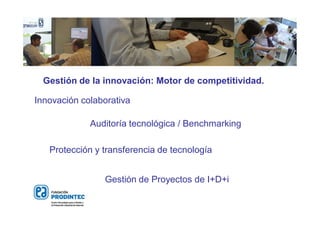 Innovación colaborativa
Protección y transferencia de tecnología
Auditoría tecnológica / Benchmarking
Gestión de Proyectos de I+D+i
Gestión de la innovación: Motor de competitividad.
 