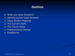 46
© 2004 Superfactory™. All Rights Reserved.
Outline
 What are Value Streams?
 Identifying the Value Streams
 Value St...