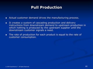 85
© 2004 Superfactory™. All Rights Reserved.
 Actual customer demand drives the manufacturing process.
 It creates a sy...