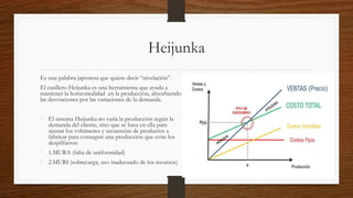 Heijunka
Es una palabra japonesa que quiere decir “nivelación”.
El casillero Heijunka es una herramienta que ayuda a
mantener la horizontalidad en la producción, absorbiendo
las desviaciones por las variaciones de la demanda.
• El sistema Heijunka no varía la producción según la
demanda del cliente, sino que se basa en ella para
ajustar los volúmenes y secuencias de productos a
fabricar para conseguir una producción que evite los
despilfarros:
• 1.MURA (falta de uniformidad)
• 2.MURI (sobrecarga, uso inadecuado de los recursos)
 