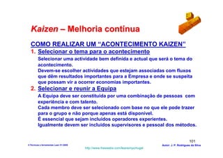 Kaizen – Melhoria contínua
  COMO REALIZAR UM “ACONTECIMENTO KAIZEN”
  1. Selecionar o tema para o acontecimento
         Selecionar uma actividade bem definida e actual que será o tema do
         acontecimento.
         Devem-se escolher actividades que estejam associadas com fluxos
         que dêm resultados importantes para a Empresa e onde se suspeita
         que possam vir a ocorrer economias importantes.
  2. Selecionar e reunir a Equipa
         A Equipa deve ser constituida por uma combinação de pessoas com
         experiência e com talento.
         Cada membro deve ser selecionado com base no que ele pode trazer
         para o grupo e não porque apenas está disponível.
         É essencial que sejam incluídos operadores experientes.
         Igualmente devem ser incluidos supervisores e pessoal dos métodos.


                                                                                                      101
3-Técnicas e ferramentas Lean V1-2008                                            Autor: J. P. Rodrigues da Silva
                                        http://www.freewebs.com/leanemportugal
 
