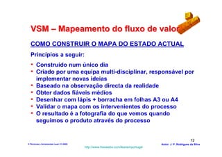 VSM – Mapeamento do fluxo de valor
  COMO CONSTRUIR O MAPA DO ESTADO ACTUAL
  Princípios a seguir:
  • Construído num único dia
  • Criado por uma equipa multi-disciplinar, responsável por
       implementar novas ideias
  •    Baseado na observação directa da realidade
  •    Obter dados fiáveis médios
  •    Desenhar com lápis + borracha em folhas A3 ou A4
  •    Validar o mapa com os intervenientes do processo
  •    O resultado é a fotografia do que vemos quando
       seguimos o produto através do processo


                                                                                                        12
3-Técnicas e ferramentas Lean V1-2008                                            Autor: J. P. Rodrigues da Silva
                                        http://www.freewebs.com/leanemportugal
 