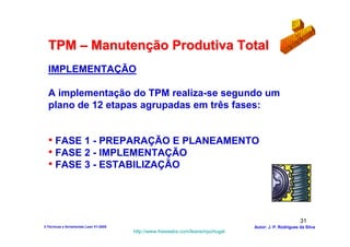 TPM – Manutenção Produtiva Total
  IMPLEMENTAÇÃO

  A implementação do TPM realiza-se segundo um
  plano de 12 etapas agrupadas em três fases:


  • FASE 1 - PREPARAÇÃO E PLANEAMENTO
  • FASE 2 - IMPLEMENTAÇÃO
  • FASE 3 - ESTABILIZAÇÃO



                                                                                                        31
3-Técnicas e ferramentas Lean V1-2008                                            Autor: J. P. Rodrigues da Silva
                                        http://www.freewebs.com/leanemportugal
 