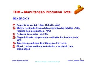 TPM – Manutenção Produtiva Total
  BENEFÍCIOS

  P - Aumento da produtividade (1,5 a 2 vezes)
  Q - Melhor qualidade dos produtos (redução dos defeitos - 90%;
      redução das reclamações - 75%)
  C - Redução dos custos até 30%
  D - Disponibilidade dos produtos – redução dos inventário até
      50%
  S - Segurança – redução de acidentes e dos riscos
  M - Moral - melhor ambiente de trabalho e satisfação dos
      empregados



                                                                                                        35
3-Técnicas e ferramentas Lean V1-2008                                            Autor: J. P. Rodrigues da Silva
                                        http://www.freewebs.com/leanemportugal
 
