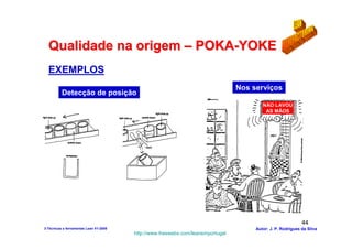 Qualidade na origem – POKA-YOKE
  EXEMPLOS
                                                                                 Nos serviços
          Detecção de posição
                                                                                         NÃO LAVOU
                                                                                          AS MÃOS




                                                                                                             44
3-Técnicas e ferramentas Lean V1-2008                                                 Autor: J. P. Rodrigues da Silva
                                        http://www.freewebs.com/leanemportugal
 