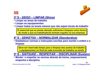 5S
  3º S - SEISO – LIMPAR (Shine)
  • Limpar as áreas de trabalho
  • Limpar os equipamentos
  • Limpar todos os locais mesmo que não sejam locais de trabalho
          É essencial que se preste atenção suficiente à limpeza como forma
          É essencial que se preste atenção suficiente à limpeza como forma
           de modo a que os trabalhadores tenham orgulho na sua empresa
           de modo a que os trabalhadores tenham orgulho na sua empresa

  4º S - SEIKETSU – NORMALIZAR (Standardise)
  • Estabelecer normas e instruções escritas para manter a ordem e a
      limpeza
            Deve ser reservado tempo para a limpeza dos postos de trabalho
            Deve ser reservado tempo para a limpeza dos postos de trabalho
             e equipamentos no final de cada turno/dia de trabalho ou tarefa
              e equipamentos no final de cada turno/dia de trabalho ou tarefa
  5º S - SHITSUKE – RESPEITAR – DISCIPLINAR (Sustain)
  • Manter e respeitar as normas através do treino, empowerment,
      empenho e disciplina
                                                                                                        49
3-Técnicas e ferramentas Lean V1-2008                                            Autor: J. P. Rodrigues da Silva
                                        http://www.freewebs.com/leanemportugal
 