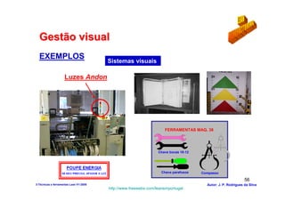 Gestão visual
  EXEMPLOS
                                        Sistemas visuais

                    Luzes Andon




                                                                    FERRAMENTAS MAQ. 38




                                                                 Chave bocas 10-12




                                                                  Chave parafusos    Compasso

                                                                                                              56
3-Técnicas e ferramentas Lean V1-2008                                                  Autor: J. P. Rodrigues da Silva
                                        http://www.freewebs.com/leanemportugal
 