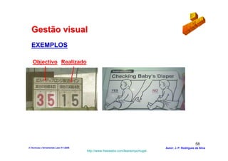 Gestão visual
  EXEMPLOS

   Objectivo Realizado




                                                                                                        58
3-Técnicas e ferramentas Lean V1-2008                                            Autor: J. P. Rodrigues da Silva
                                        http://www.freewebs.com/leanemportugal
 