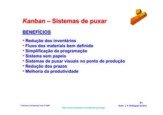 Kanban – Sistemas de puxar
  BENEFÍCIOS
  • Redução dos inventários
  • Fluxo dos materiais bem definido
  • Simplificação da programação
  • Sistema sem papeis
  • Sistemas de puxar visuais no ponto de produção
  • Redução dos prazos
  • Melhoria da produtividade




                                                                                                        91
3-Técnicas e ferramentas Lean V1-2008                                            Autor: J. P. Rodrigues da Silva
                                        http://www.freewebs.com/leanemportugal
 