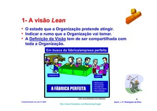 1- A visão Lean
• O estado que a Organização pretende atingir.
• Indicar o rumo que a Organização vai tomar.
• A Definição da Visão tem de ser compartilhada com
    toda a Organização.
                                  Em busca da fábrica/empresa perfeita




                                   FORNECEDOR
                                                                                         CLIENTE



                                                                                      • Balanceada
                                                                                      • Sincronizada
                                                                                      • Simplificada
                                     A FÁBRICA PERFEITA                               • Sem desperdícios
                                                                                      • Racionalizada



                                                                 Fonte: www.strategosinc.com (adaptado)
                                                                                                                                    4
4-Implementação do Lean V1-2008                                                                            Autor: J. P. Rodrigues da Silva
                                                http://www.freewebs.com/leanemportugal
 