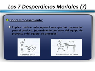 Sobre Procesamiento: Implica realizar más operaciones que las necesarias para el producto (normalmente por error del equipo de proyecto o del equipo  de procesos) Los 7 Desperdicios Mortales (7) 