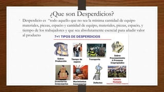 ¿Que son Desperdicios?
• Desperdicio es “todo aquello que no sea la mínima cantidad de equipo
materiales, piezas, espacio y cantidad de equipo, materiales, piezas, espacio, y
tiempo de los trabajadores y que sea absolutamente esencial para añadir valor
al producto
 