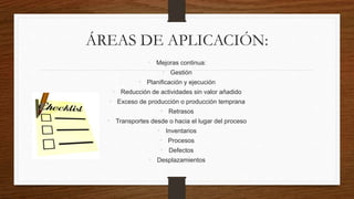 ÁREAS DE APLICACIÓN:
• Mejoras continua:
• Gestión
• Planificación y ejecución
• Reducción de actividades sin valor añadido
• Exceso de producción o producción temprana
• Retrasos
• Transportes desde o hacia el lugar del proceso
• Inventarios
• Procesos
• Defectos
• Desplazamientos
 