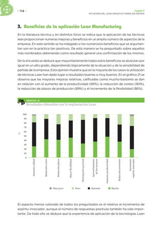 | 116 | Capítulo 5
SITUACIÓN DEL LEAN MANUFACTURING EN ESPAÑA
3. Beneficios de la aplicación Lean Manufacturing
En la literatura técnica y en distintos foros se indica que la aplicación de las técnicas
lean proporcionan numeras mejoras y beneficios en un amplio número de aspectos de la
empresa. En este sentido se ha indagado si los numerosos beneficios que se argumen-
tan son en la práctica tan positivos. De esta manera se ha preguntado sobre aquellos
más nombrados obteniendo como resultado general una confirmación de los mismos.
De la encuesta se deduce que mayoritariamente todos estos beneficios se alcanzan por
igual en un alto grado, dependiendo lógicamente de la situación y de la sensibilidad de
partida de la empresa. Esta opinión muestra que en la mayoría de los casos la utilización
de técnicas Lean han dado lugar a resultados buenos o muy buenos. En el gráfico 21 se
observa que las mayores mejoras relativas, calificadas como mucho-bastante se dan
en relación con el aumento de la productividad (90%), la reducción de costes (90%),
la reducción de plazos de producción (89%) y el incremento de la flexibilidad (86%).
GRÁFICO 21
Resultados obtenidos con la implantación Lean
100
90
80
70
60
50
40
30
20
10
0
%
Bastante
Poco Mucho
Aumento
calidad
Reducción
costes
Reducción
plazos
Mayor
flexibilidad
Participación
personal
Muy poco
Aprovechamiento
de
los
recursos
Aumento
productividad
Reducción
inventario
Incremento
espíritu
innovador
El aspecto menos valorado de todos los preguntados es el relativo al incremento de
espíritu innovador, aunque el número de respuestas positivas también ha sido impor-
tante. De todo ello se deduce que la experiencia de aplicación de la tecnologías Lean
 