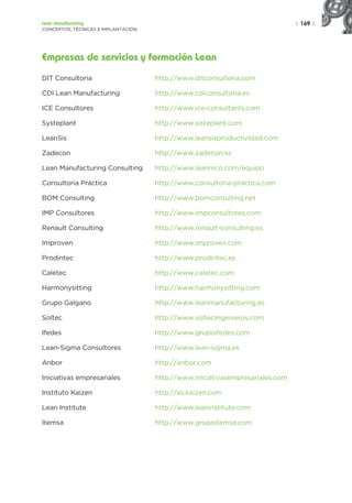 | 169 |
Lean manufacturing
CONCEPTOS, TÉCNICAS E IMPLANTACIÓN
Empresas de servicios y formación Lean
DIT Consultoria http://www.ditconsultoria.com
CDI Lean Manufacturing http://www.cdiconsultoria.es
ICE Consultores http://www.ice-consultants.com
Systeplant http://www.sisteplant.com
LeanSis http://www.leansisproductividad.com
Zadecon http://www.zadecon.es
Lean Manufacturing Consulting http://www.leanmco.com/equipo
Consultoria Práctica http://www.consultoria-practica.com
BOM Consulting http://www.bomconsulting.net
IMP Consultores http://www.impconsultores.com
Renault Consulting http://www.renault-consulting.es
Improven http://www.improven.com
Prodintec http://www.prodintec.es
Caletec http://www.caletec.com
Harmonysitting http://www.harmonysitting.com
Grupo Galgano http://www.leanmanufacturing.es
Soltec http://www.soltecingenieros.com
Ifedes http://www.grupoifedes.com
Lean-Sigma Consultores http://www.lean-sigma.es
Anbor http://anbor.com
Iniciativas empresariales http://www.iniciativasempresariales.com
Instituto Kaizen http://es.kaizen.com
Lean Institute http://www.leaninstitute.com
Itemsa http://www.grupoitemsa.com
 