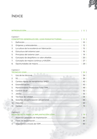 ÍNDICE
INTRODUCCIÓN................................................................................................................... | 5 |
Capítulo 1
CONCEPTOS GENERALES DEL LEAN MANUFACTURING...................................... | 9 |
1. Definición................................................................................................................................... | 10 |
2. Orígenes y antecedentes.................................................................................................... | 12 |
3. La cultura de la excelencia en fabricación.................................................................. | 15 |
4. Estructura del sistema Lean.............................................................................................. | 16 |
5. Principios del sistema Lean ............................................................................................... | 19 |
6. Concepto de despilfarro vs valor añadido.................................................................. | 20 |
7. Concepto de mejora continua y KAIZEN.................................................................... | 27 |
8. Oportunidades de mejora .................................................................................................. | 29 |
Capítulo 2
TÉCNICAS LEAN.................................................................................................................. | 33 |
1. Uso de las técnicas................................................................................................................ | 34 |
2. 5S................................................................................................................................................... | 36 |
3. Cambio rápido de herramientas SMED........................................................................ | 42 |
4. Estandarización....................................................................................................................... | 45 |
5. Mantenimiento Productivo Total TPM.......................................................................... | 48 |
6. Control visual ........................................................................................................................... | 52 |
7. Jidoka.......................................................................................................................................... | 55 |
8. Técnicas de calidad............................................................................................................... | 58 |
9. Sistemas de participación del personal........................................................................ | 66 |
10. Heijunka...................................................................................................................................... | 69 |
11. Kanban........................................................................................................................................ | 75 |
Capítulo 3
HOJA DE RUTA PARA LA IMPLANTACIÓN LEAN..................................................... | 79 |
1. Aspectos generales de implantación............................................................................ | 80 |
2. Fases de implantación ......................................................................................................... | 81 |
3. Diagnóstico a través de VSM............................................................................................ | 90 |
 