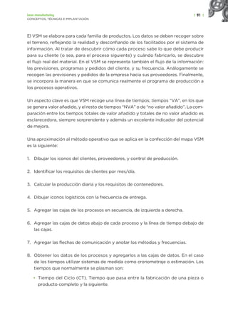 | 91 |
Lean manufacturing
CONCEPTOS, TÉCNICAS E IMPLANTACIÓN
El VSM se elabora para cada familia de productos. Los datos se deben recoger sobre
el terreno, reflejando la realidad y desconfiando de los facilitados por el sistema de
información. Al tratar de descubrir cómo cada proceso sabe lo que debe producir
para su cliente (o sea, para el proceso siguiente) y cuándo fabricarlo, se descubre
el flujo real del material. En el VSM se representa también el flujo de la información:
las previsiones, programas y pedidos del cliente, y su frecuencia. Análogamente se
recogen las previsiones y pedidos de la empresa hacia sus proveedores. Finalmente,
se incorpora la manera en que se comunica realmente el programa de producción a
los procesos operativos.
Un aspecto clave es que VSM recoge una línea de tiempos; tiempos “VA”, en los que
se genera valor añadido, y el resto de tiempos “NVA” o de “no valor añadido”. La com-
paración entre los tiempos totales de valor añadido y totales de no valor añadido es
esclarecedora, siempre sorprendente y además un excelente indicador del potencial
de mejora.
Una aproximación al método operativo que se aplica en la confección del mapa VSM
es la siguiente:
1. Dibujar los iconos del clientes, proveedores, y control de producción.
2. Identificar los requisitos de clientes por mes/día.
3. Calcular la producción diaria y los requisitos de contenedores.
4. Dibujar iconos logísticos con la frecuencia de entrega.
5. Agregar las cajas de los procesos en secuencia, de izquierda a derecha.
6. Agregar las cajas de datos abajo de cada proceso y la línea de tiempo debajo de
las cajas.
7. Agregar las flechas de comunicación y anotar los métodos y frecuencias.
8. Obtener los datos de los procesos y agregarlos a las cajas de datos. En el caso
de los tiempos utilizar sistemas de medida como cronometraje o estimación. Los
tiempos que normalmente se plasman son:
• Tiempo del Ciclo (CT). Tiempo que pasa entre la fabricación de una pieza o
producto completo y la siguiente.
 