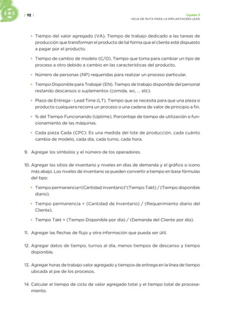 | 92 | Capítulo 3
HOJA DE RUTA PARA LA IMPLANTACIÓN LEAN
• Tiempo del valor agregado (VA). Tiempo de trabajo dedicado a las tareas de
producción que transforman el producto de tal forma que el cliente esté dispuesto
a pagar por el producto.
• Tiempo de cambio de modelo (C/O). Tiempo que toma para cambiar un tipo de
proceso a otro debido a cambio en las características del producto.
• Número de personas (NP) requeridas para realizar un proceso particular.
• Tiempo Disponible para Trabajar (EN). Tiempo de trabajo disponible del personal
restando descansos o suplementos (comida, wc, … etc).
• Plazo de Entrega - Lead Time (LT). Tiempo que se necesita para que una pieza o
producto cualquiera recorra un proceso o una cadena de valor de principio a fin.
• % del Tiempo Funcionando (Uptime). Porcentaje de tiempo de utilización o fun-
cionamiento de las máquinas.
• Cada pieza Cada (CPC): Es una medida del lote de producción, cada cuánto
cambia de modelo, cada día, cada turno, cada hora.
9. Agregar los símbolos y el número de los operadores.
10. Agregar los sitios de inventario y niveles en días de demanda y el gráfico o icono
más abajo. Los niveles de inventario se pueden convertir a tiempo en base fórmulas
del tipo:
• Tiempo permanencia=(Cantidad inventario)*(Tiempo Takt) / (Tiempo disponible
diario).
• Tiempo permanencia = (Cantidad de Inventario) / (Requerimiento diario del
Cliente).
• Tiempo Takt = (Tiempo Disponible por día) / (Demanda del Cliente por día).
11. Agregar las flechas de flujo y otra información que pueda ser útil.
12. Agregar datos de tiempo, turnos al día, menos tiempos de descanso y tiempo
disponible.
13. Agregar horas de trabajo valor agregado y tiempos de entrega en la línea de tiempo
ubicada al pie de los procesos.
14. Calcular el tiempo de ciclo de valor agregado total y el tiempo total de procesa-
miento.
 