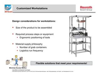 Customized Workstations




   Design considerations for workstations:

           Size of the product to be assembled

           Required process steps or equipment
              Ergonomic positioning of tools

           Material supply philosophy
              Number of grab containers
              Logistics run frequency




                                                            Flexible solutions that meet your requirements!
Minimize Excess Motion
   Linear Motion and Assembly Technologies
   © Alle Rechte bei Bosch Rexroth AG, auch für den Fall von Schutzrechtsanmeldungen. Jede Verfügungsbefugnis, wie Kopier- und Weitergaberecht, bei uns.
 